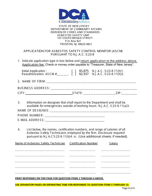 Application for Asbestos Safety Control Monitor (Ascm) Pursuant to N.j.a.c. 5:23-8 - New Jersey Download Pdf