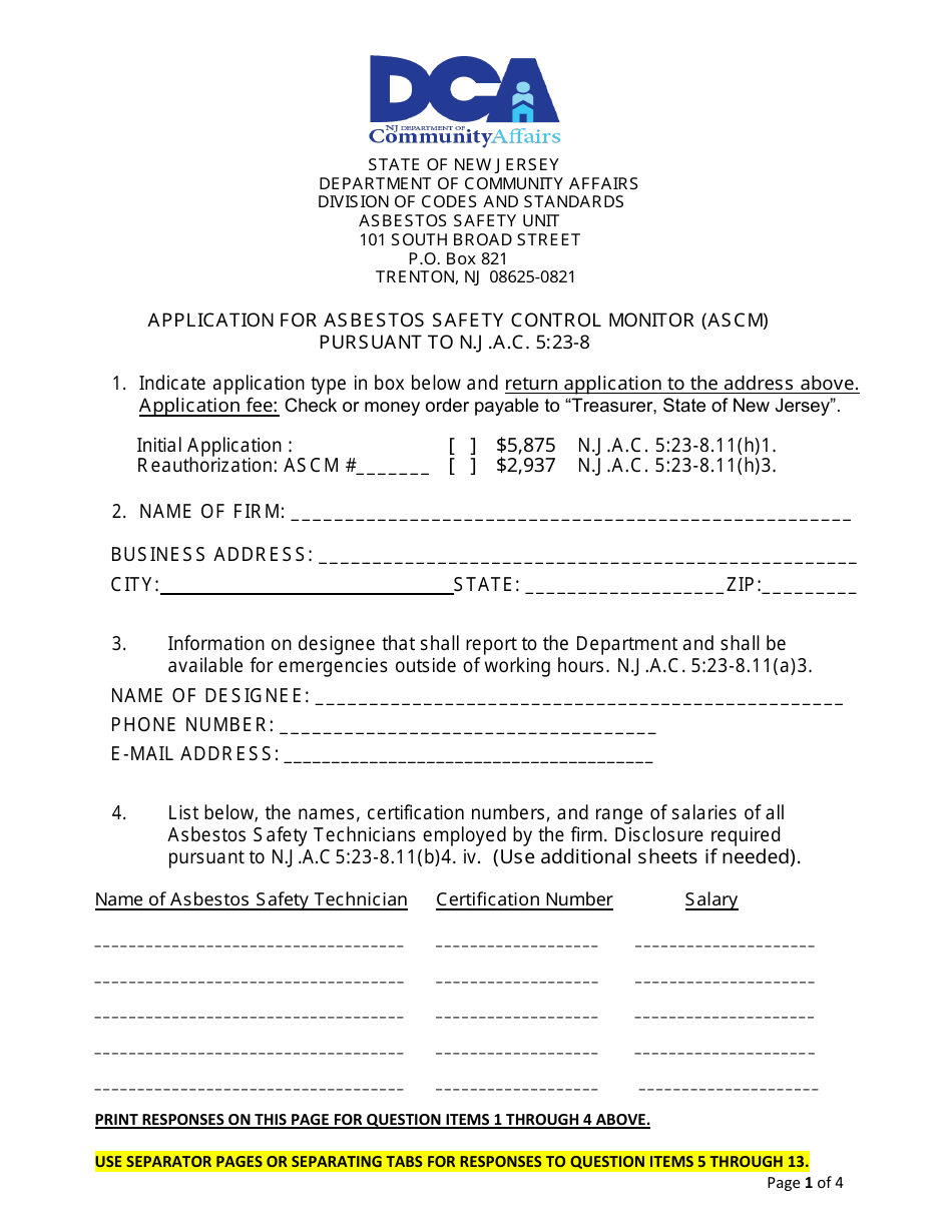 Application for Asbestos Safety Control Monitor (Ascm) Pursuant to N.j.a.c. 5:23-8 - New Jersey, Page 1