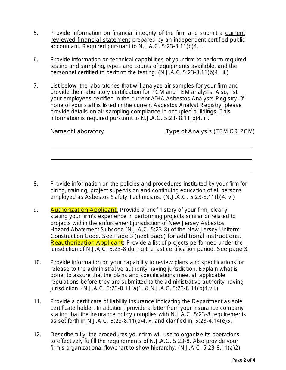 Application for Asbestos Safety Control Monitor (Ascm) Pursuant to N.j.a.c. 5:23-8 - New Jersey, Page 2