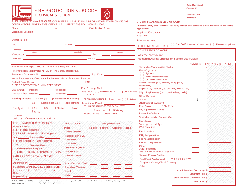 UCC Form F140 Fire Protection Subcode Technical Section - New Jersey