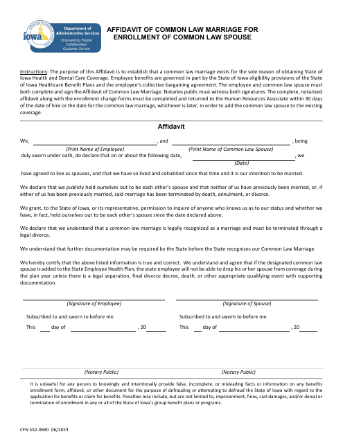 Form CFN552-0690 Affidavit of Common Law Marriage for Enrollment of Common Law Spouse - Iowa