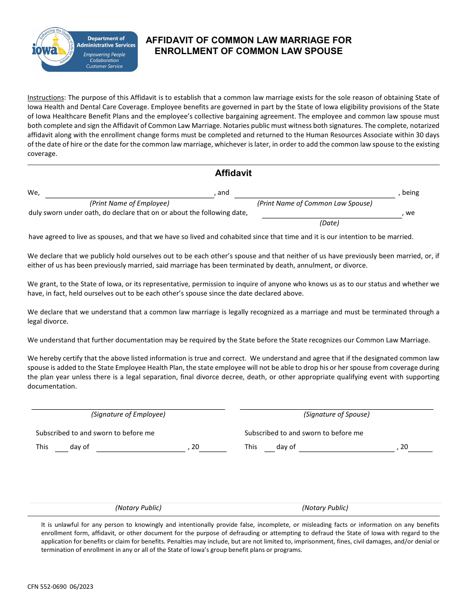 Form CFN552-0690 Affidavit of Common Law Marriage for Enrollment of Common Law Spouse - Iowa, Page 1