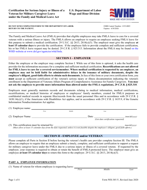 Form WH-385-V Certification for Serious Injury or Illness of a Veteran for Military Caregiver Leave Under the Family and Medical Leave Act