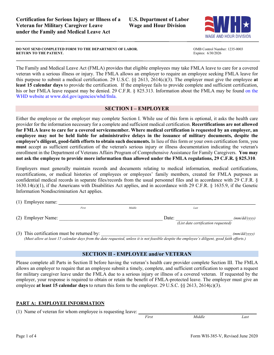 Form WH-385-V Certification for Serious Injury or Illness of a Veteran for Military Caregiver Leave Under the Family and Medical Leave Act, Page 1