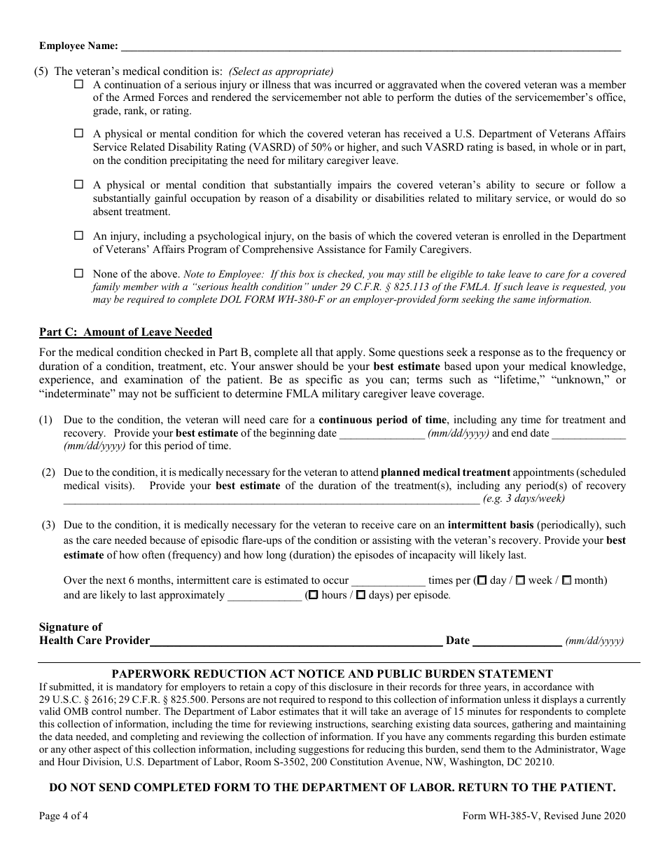 Form WH-385-V Certification for Serious Injury or Illness of a Veteran for Military Caregiver Leave Under the Family and Medical Leave Act, Page 4