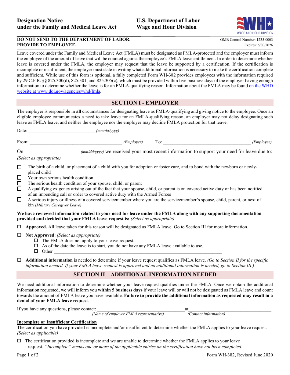 Form WH-382 Designation Notice Under the Family and Medical Leave Act, Page 1