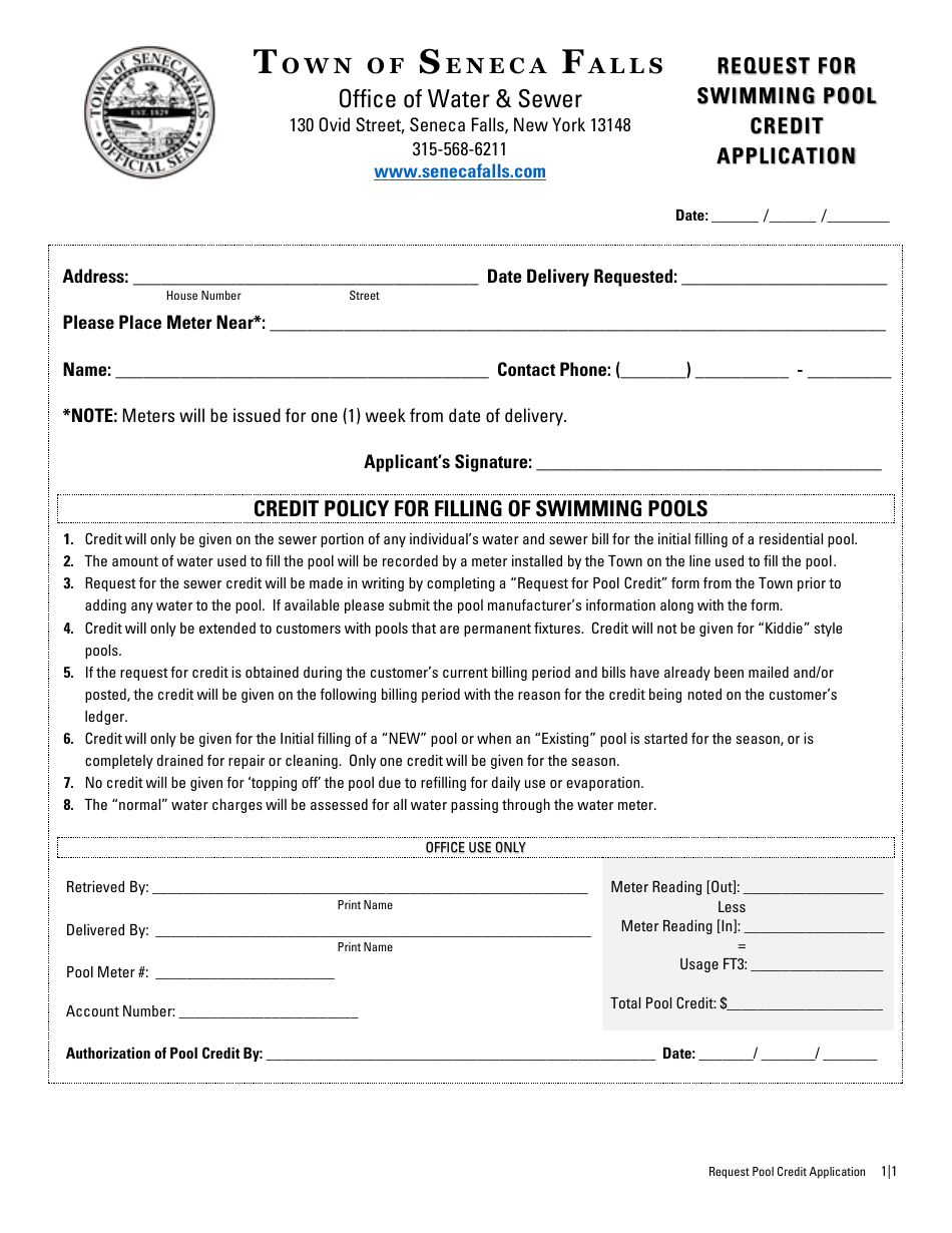 Request for Swimming Pool Credit Application - Town of Seneca Falls, New York, Page 1