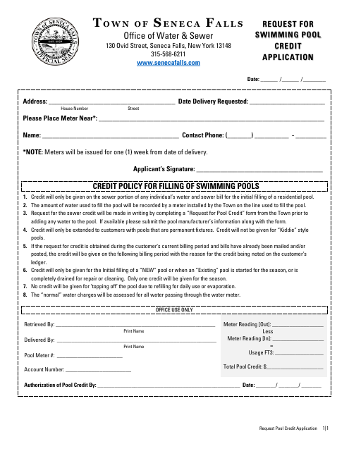 Request for Swimming Pool Credit Application - Town of Seneca Falls, New York