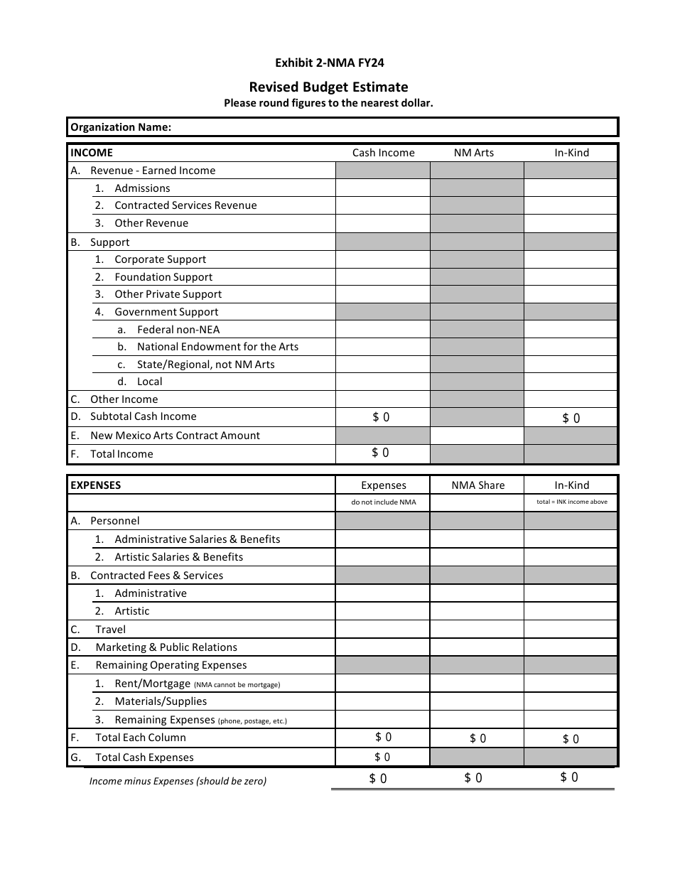 Exhibit 2 Revised Budget Estimate - New Mexico, Page 1
