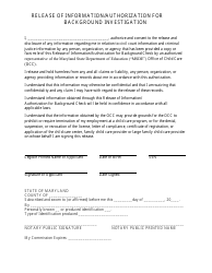 Document preview: Form 1260A Release of Information/Authorization for Background Investigation - Maryland