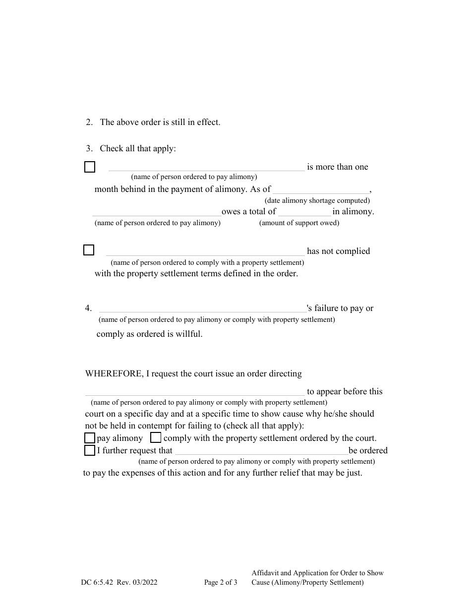 Form DC6:5.42 Affidavit and Application for Order to Show Cause (Alimony / Property Settlement) - Nebraska, Page 2