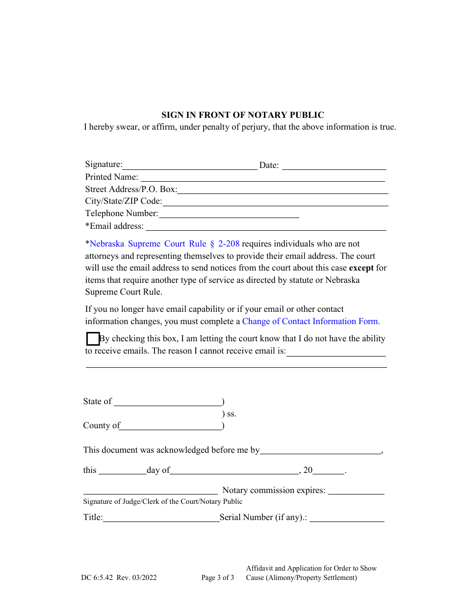 Form DC6:5.42 Affidavit and Application for Order to Show Cause (Alimony / Property Settlement) - Nebraska, Page 3