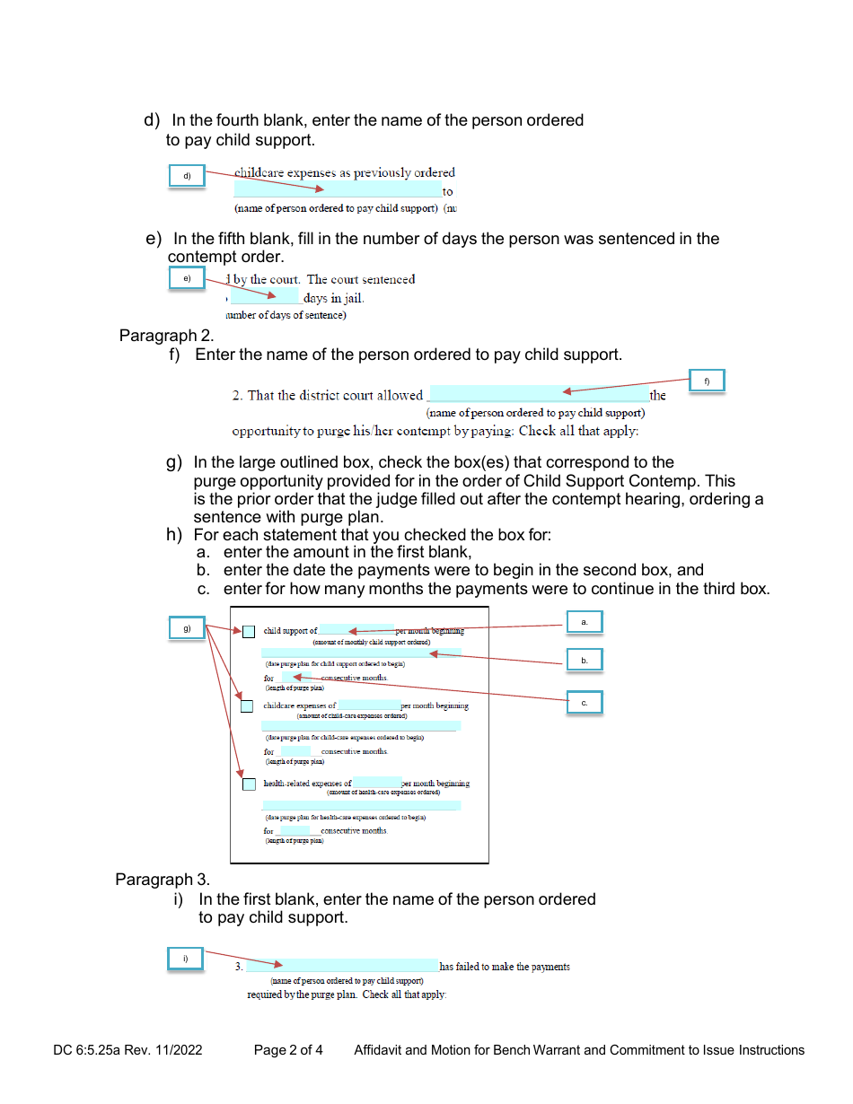 Instructions for Form DC6:5.25 Affidavit and Motion for Bench Warrant and Commitment to Issue (Enforcement of Order for Child Support) - Nebraska, Page 2