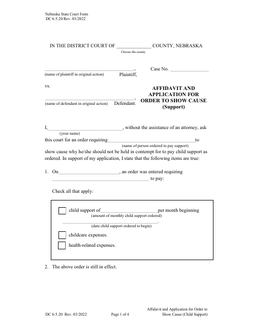 Form DC6:5.20 Affidavit and Application for Order to Show Cause (Child Support) - Nebraska