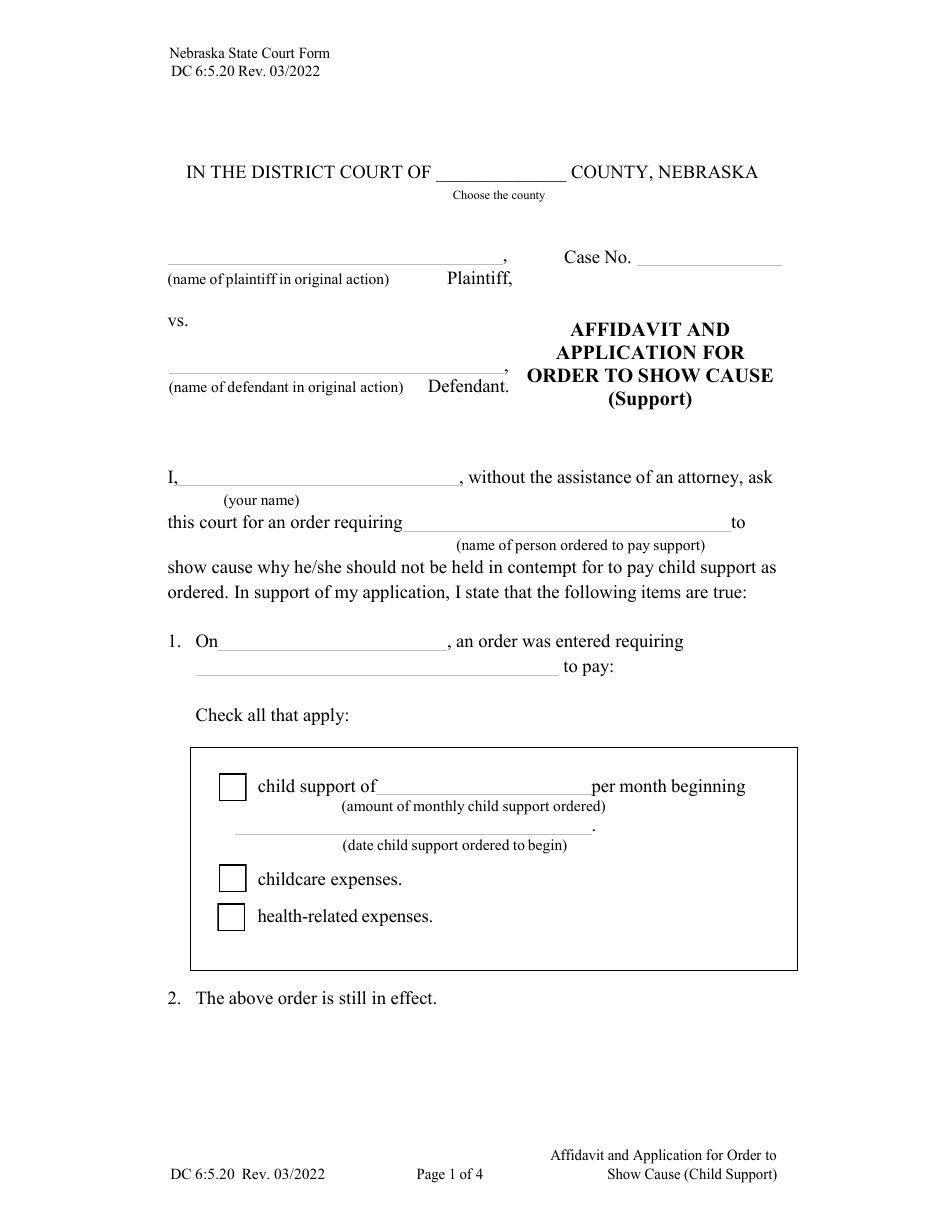 Form DC6:5.20 Affidavit and Application for Order to Show Cause (Child Support) - Nebraska, Page 1