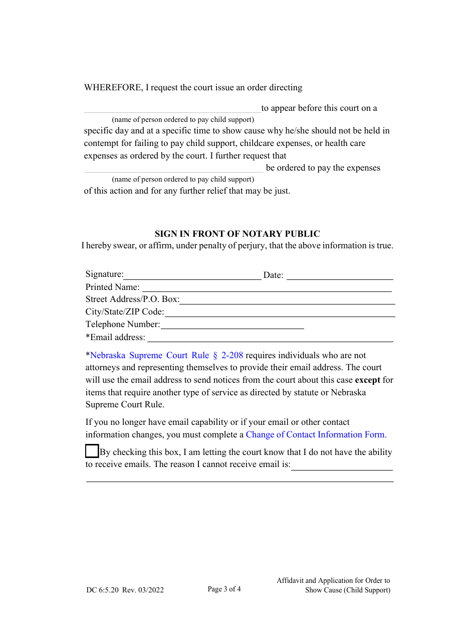 Form DC6:5.20 Affidavit and Application for Order to Show Cause (Child Support) - Nebraska, Page 3