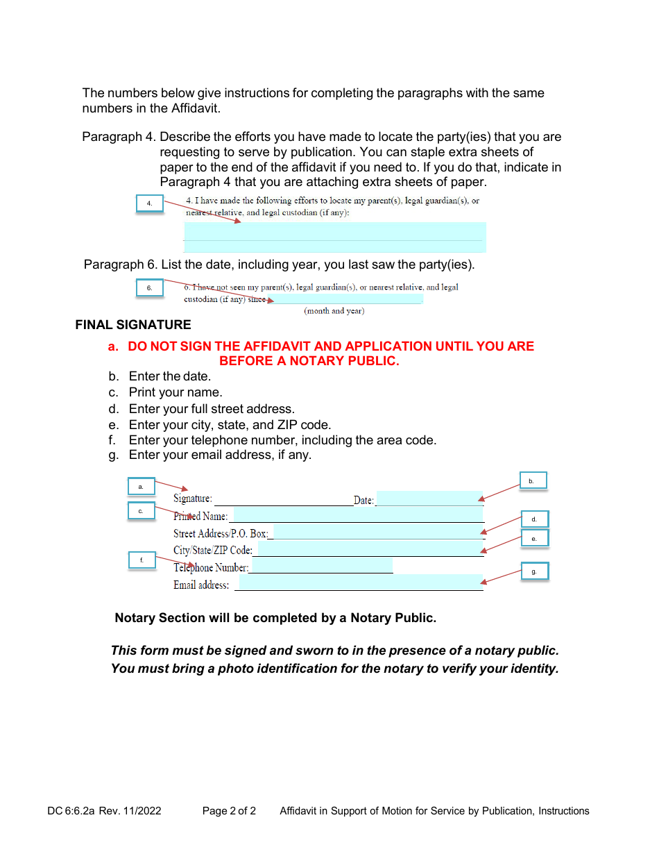 Instructions for Form DC6:6.2 Affidavit in Support of Motion for Service by Publication - Nebraska, Page 2