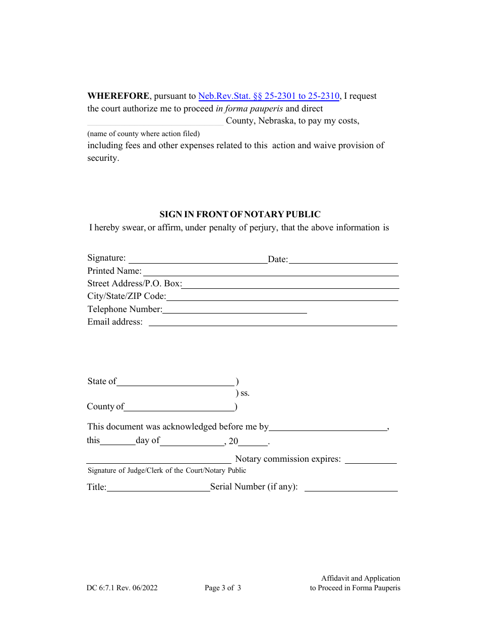 Form DC6:7.1 Affidavit and Application to Proceed in Forma Pauperis (Request to Proceed Without Payment of Fees) - Nebraska, Page 3