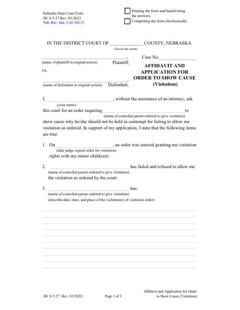 Form DC6:5.27 Affidavit and Application for Order to Show Cause (Visitation) - Nebraska