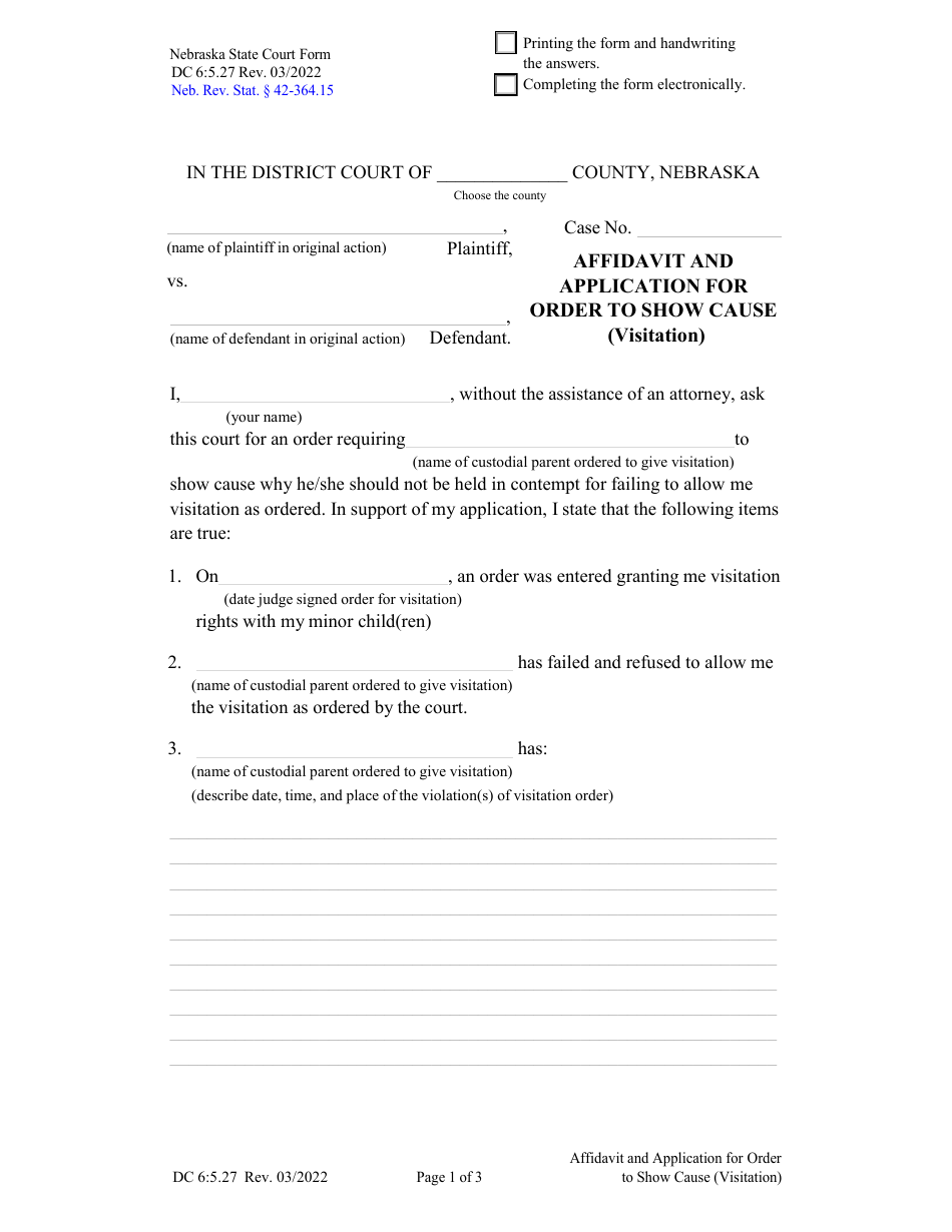 Form DC6:5.27 Affidavit and Application for Order to Show Cause (Visitation) - Nebraska, Page 1