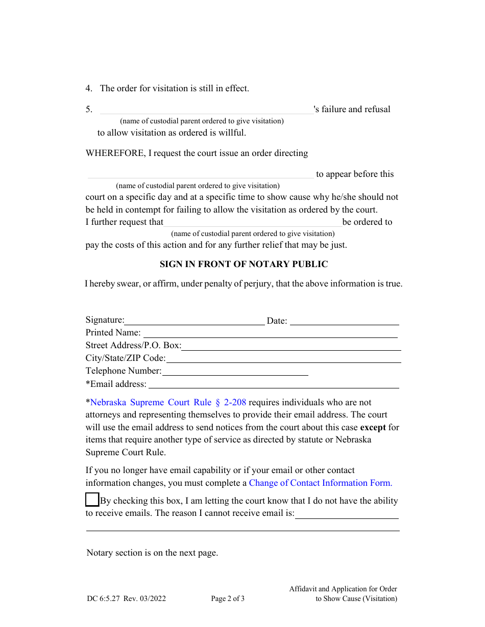 Form DC6:5.27 Affidavit and Application for Order to Show Cause (Visitation) - Nebraska, Page 2