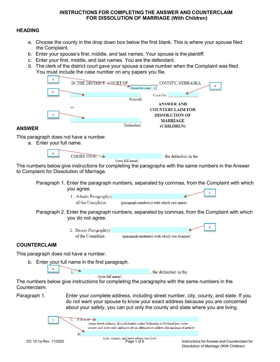 Instructions for Form DC10:1 Answer and Counterclaim for Dissolution of Marriage (With Children) - Nebraska, Page 1