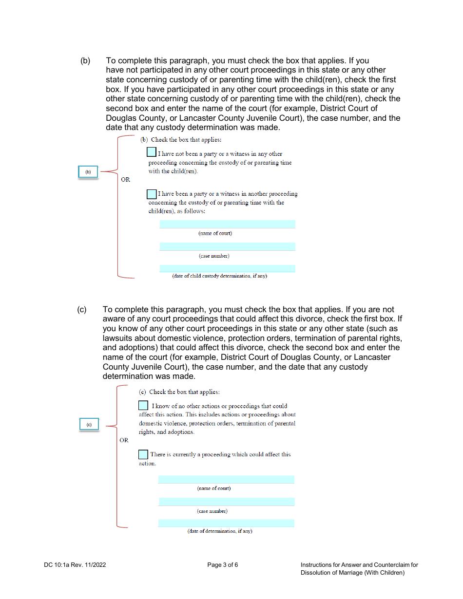 Instructions for Form DC10:1 Answer and Counterclaim for Dissolution of Marriage (With Children) - Nebraska, Page 3