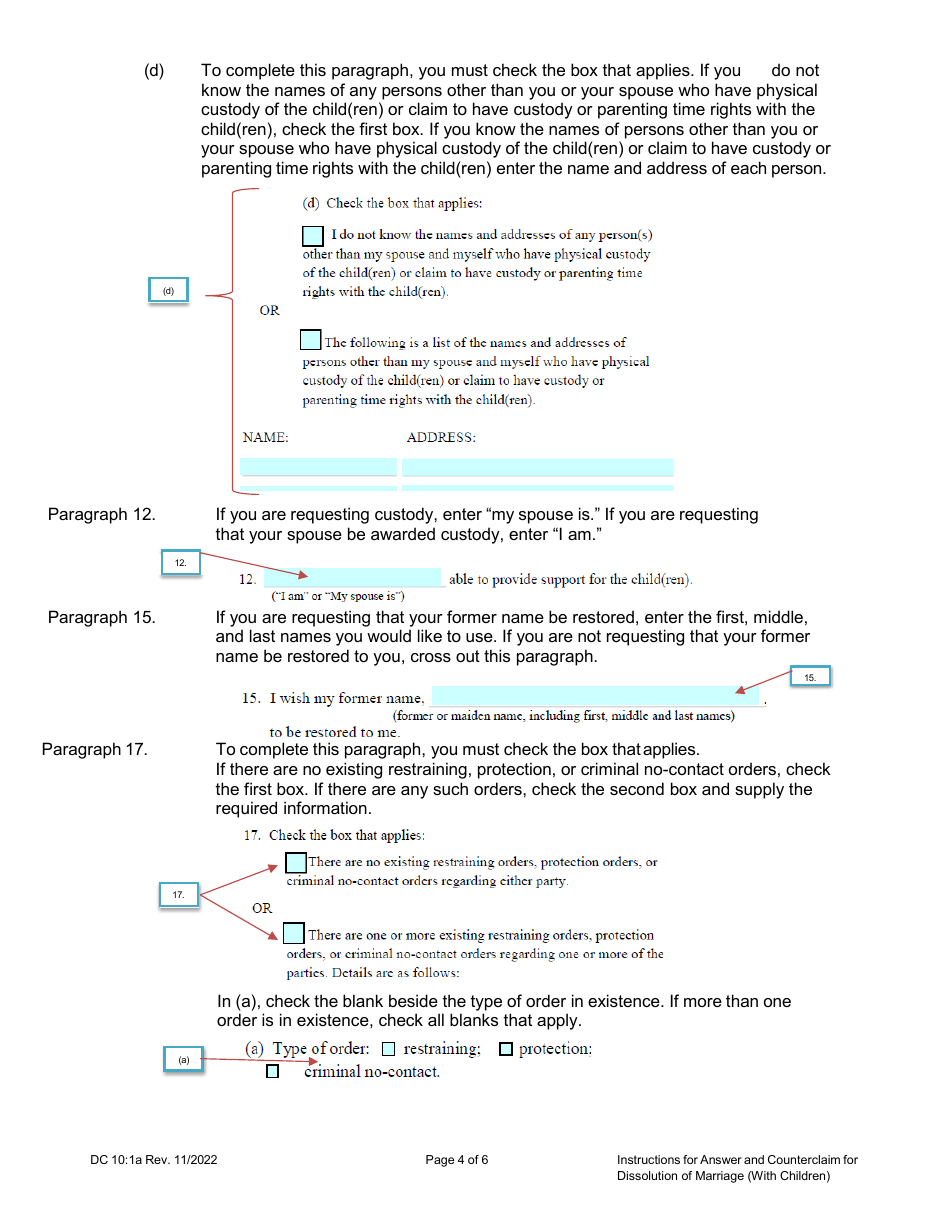 Instructions for Form DC10:1 Answer and Counterclaim for Dissolution of Marriage (With Children) - Nebraska, Page 4