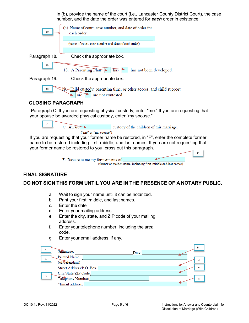 Instructions for Form DC10:1 Answer and Counterclaim for Dissolution of Marriage (With Children) - Nebraska, Page 5