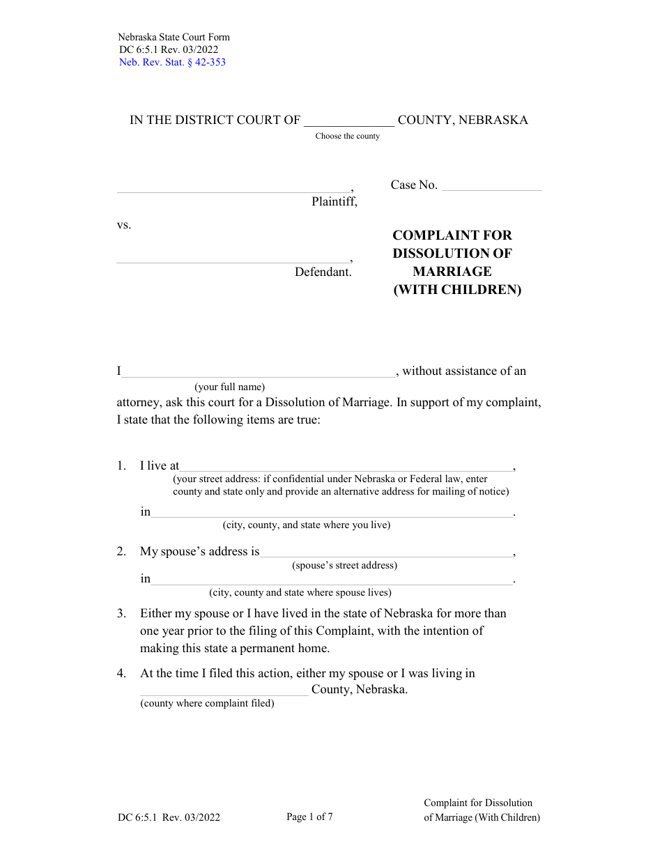 Form DC6:5.1 Complaint for Dissolution of Marriage (With Children) - Nebraska, Page 1