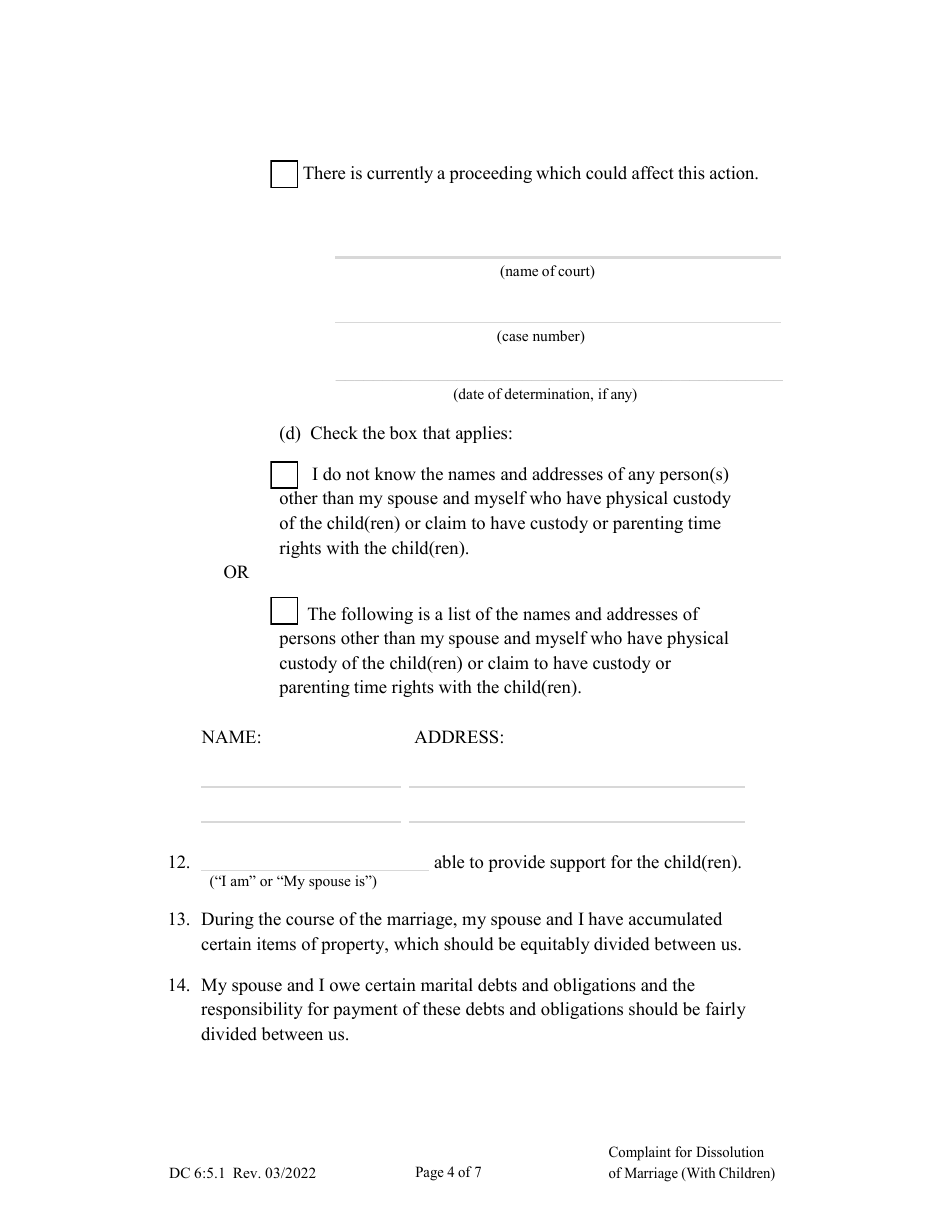 Form DC6:5.1 Complaint for Dissolution of Marriage (With Children) - Nebraska, Page 4