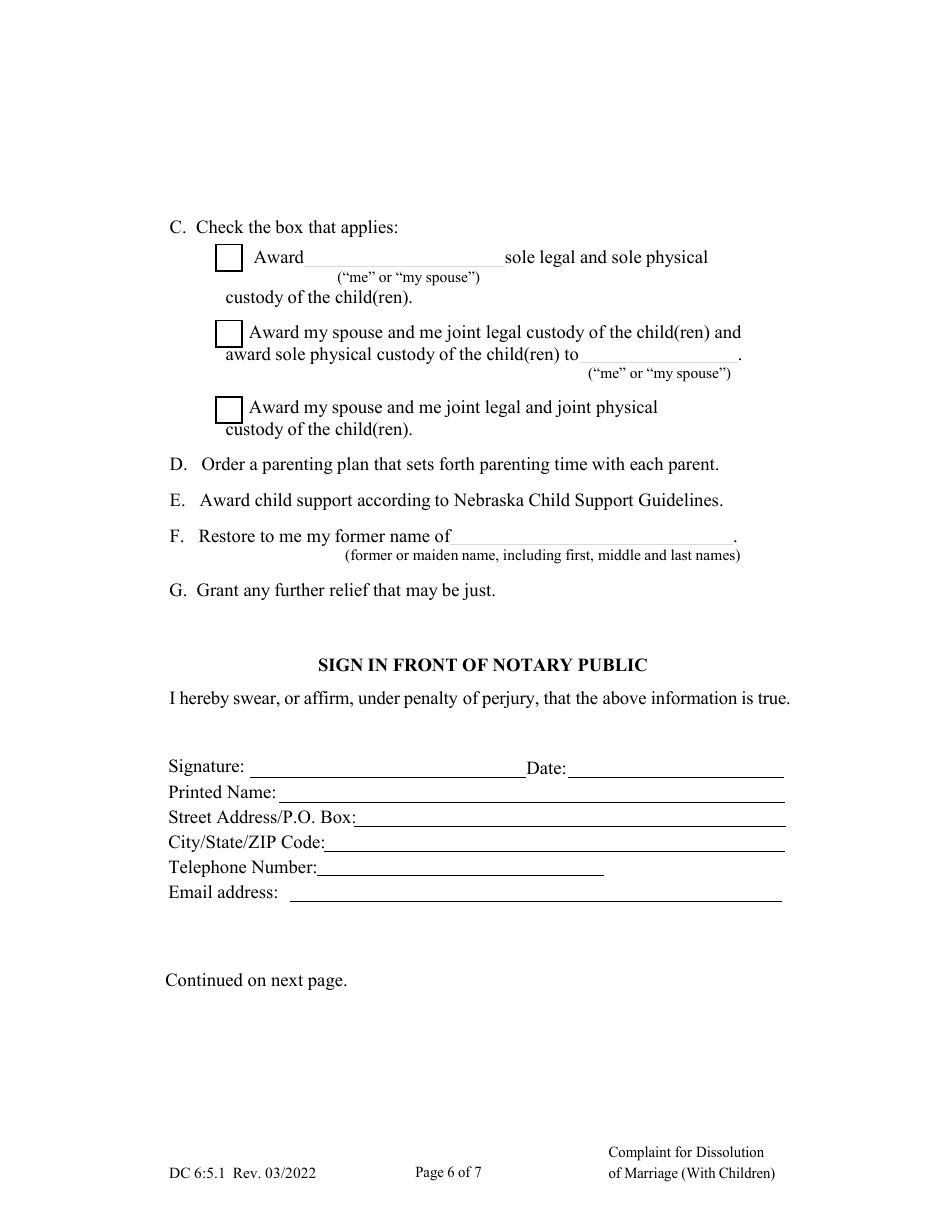 Form DC6:5.1 Complaint for Dissolution of Marriage (With Children) - Nebraska, Page 6