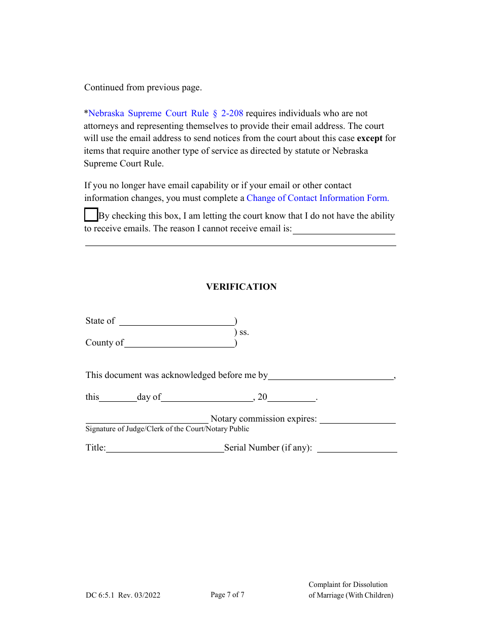 Form DC6:5.1 Complaint for Dissolution of Marriage (With Children) - Nebraska, Page 7