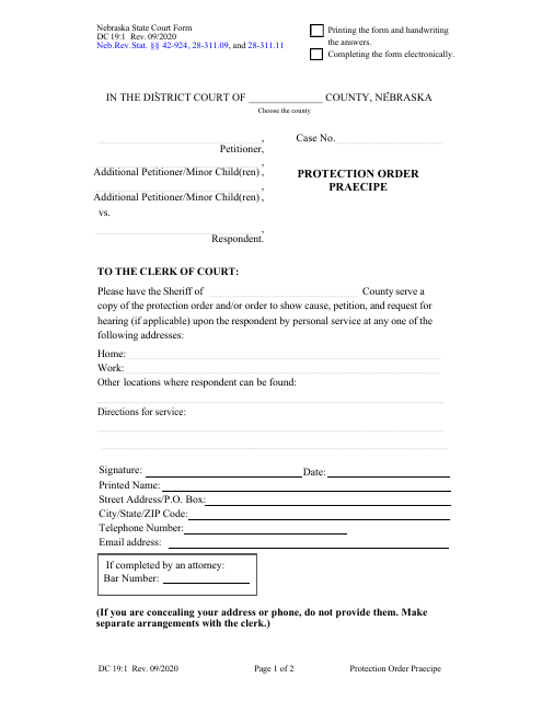 Form DC19:1 Protection Order Praecipe - Nebraska