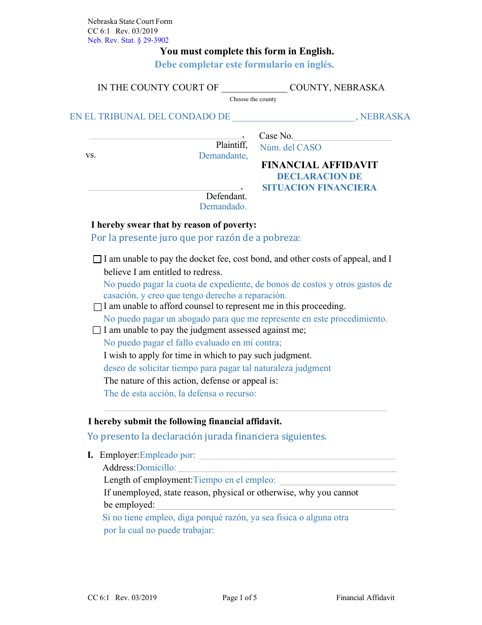 Form CC6:1 Financial Affidavit - Nebraska (English / Spanish), Page 1