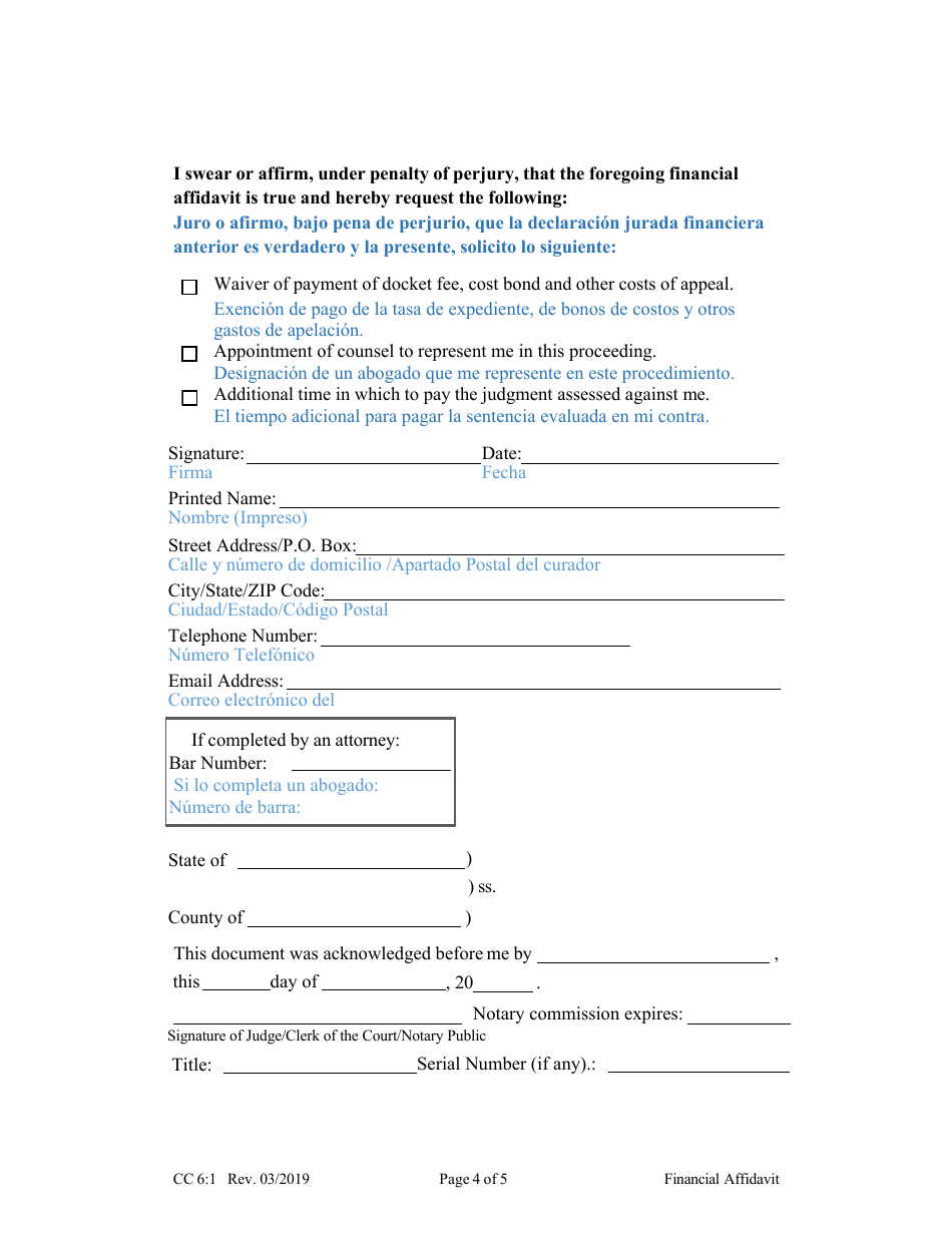 Form CC6:1 Financial Affidavit - Nebraska (English / Spanish), Page 4
