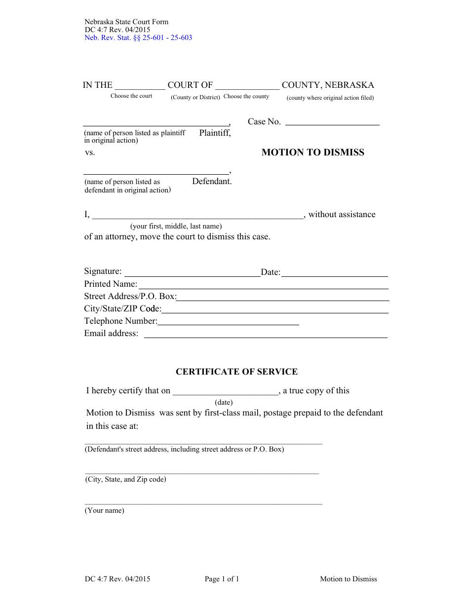 Form DC4:7 Motion to Dismiss - Nebraska, Page 1