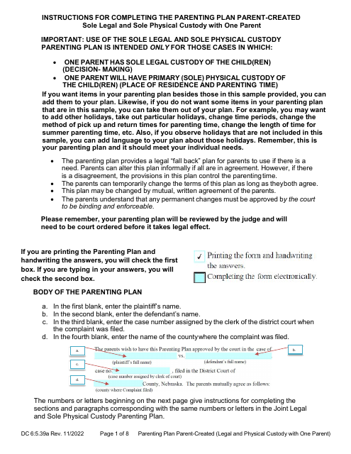 Instructions for Form DC6:5.39 Parenting Plan Parent-Created (Sole Legal and Sole Physical Custody With One Parent) - Nebraska