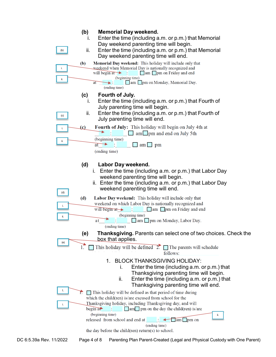 Instructions for Form DC6:5.39 Parenting Plan Parent-Created (Sole Legal and Sole Physical Custody With One Parent) - Nebraska, Page 4
