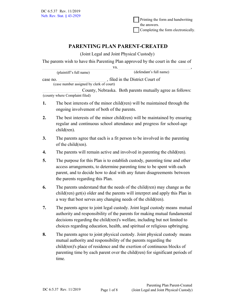Form DC6:5.37 Parenting Plan Parent-Created - Nebraska, Page 1
