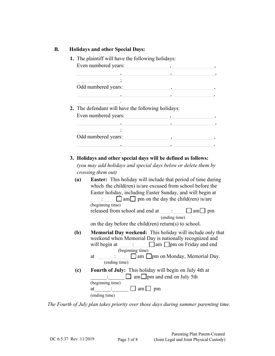 Form DC6:5.37 Parenting Plan Parent-Created - Nebraska, Page 3