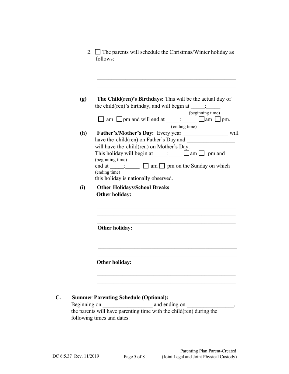 Form DC6:5.37 Parenting Plan Parent-Created - Nebraska, Page 5