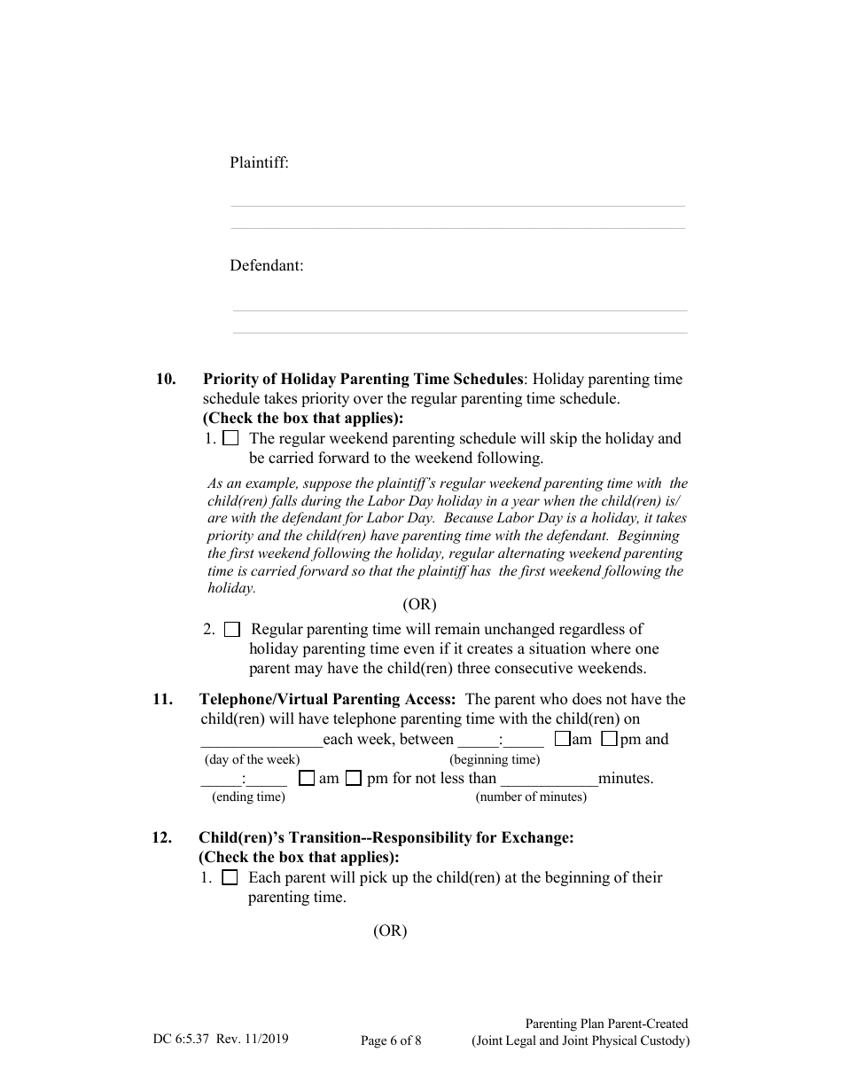 Form DC6:5.37 Parenting Plan Parent-Created - Nebraska, Page 6