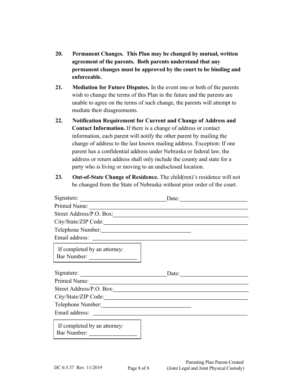 Form DC6:5.37 Parenting Plan Parent-Created - Nebraska, Page 8