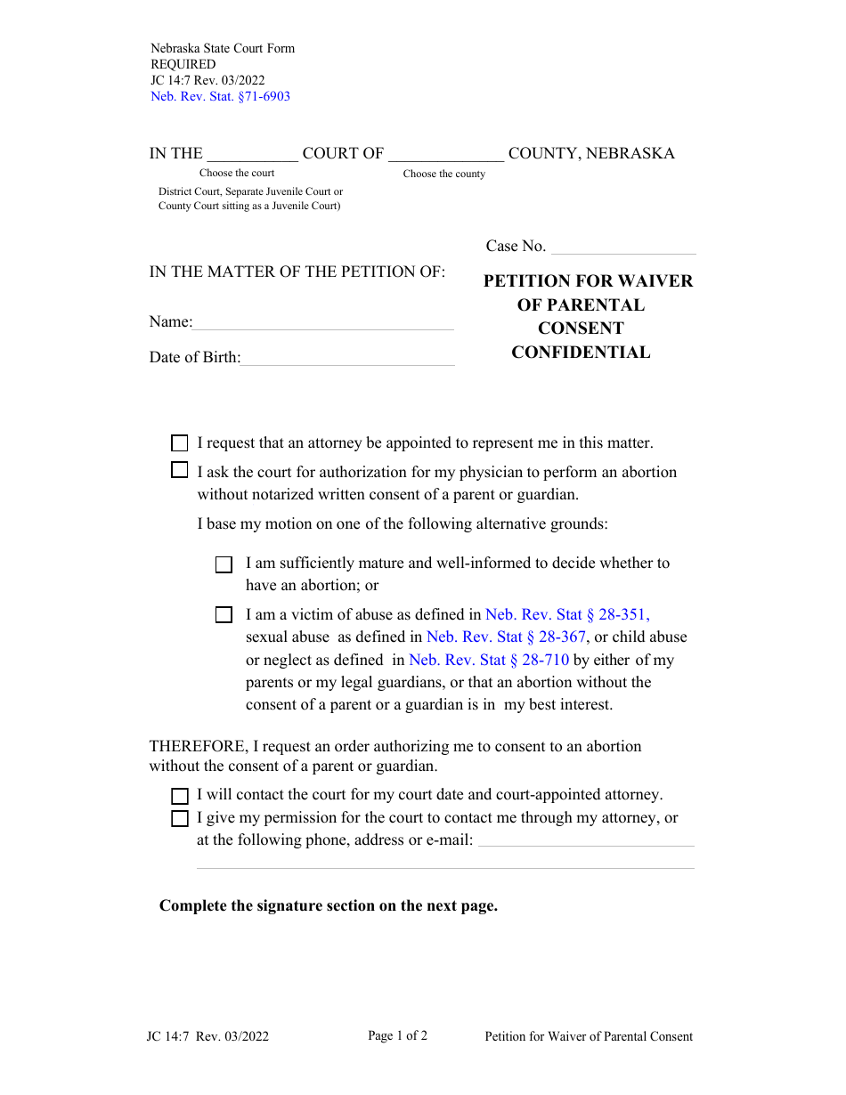 Form JC14:7 Petition for Waiver of Parental Consent - Nebraska, Page 1
