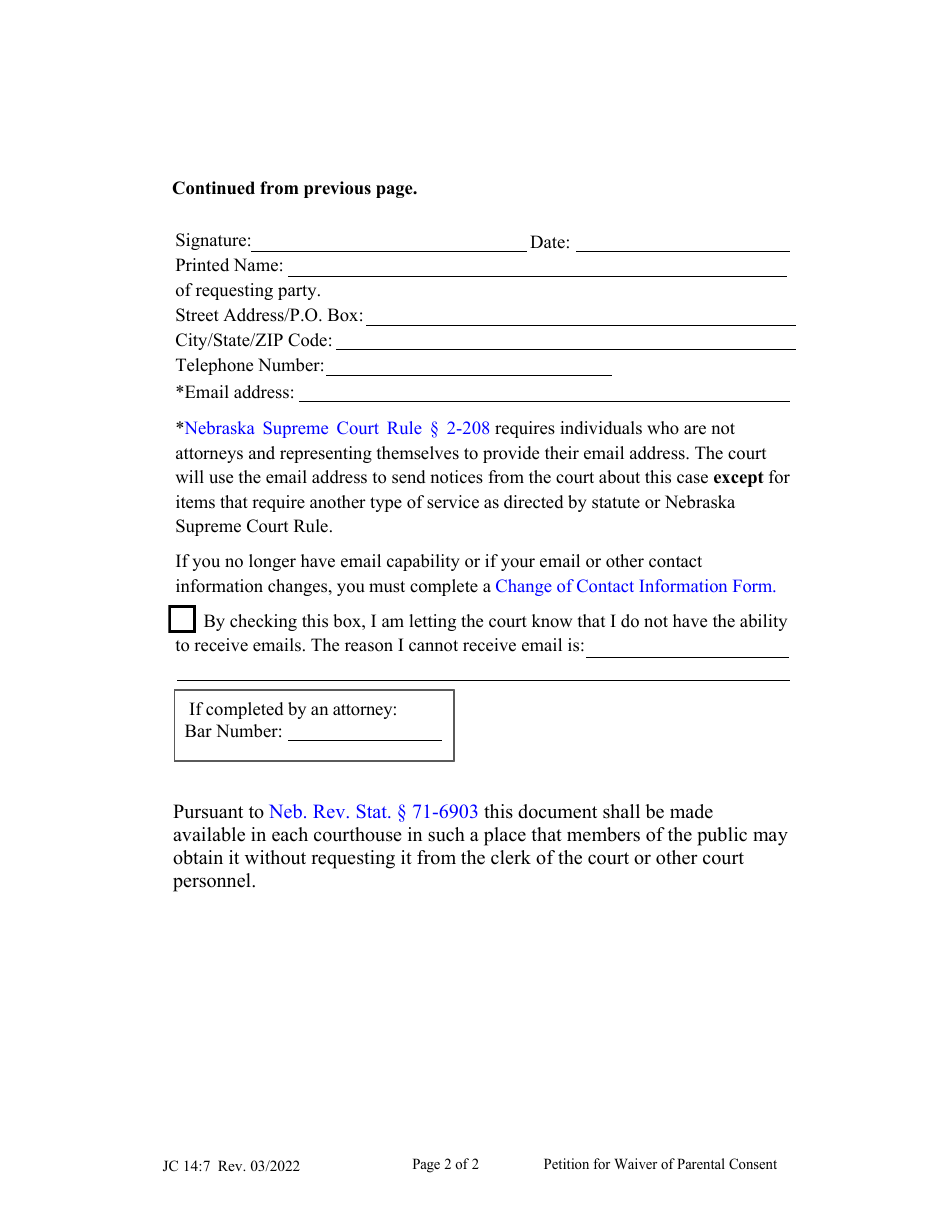 Form JC14:7 Petition for Waiver of Parental Consent - Nebraska, Page 2