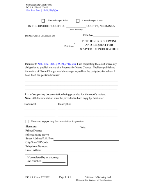 Form DC6:9.5 Petitioner's Showing and Request for Waiver of Publication - Nebraska