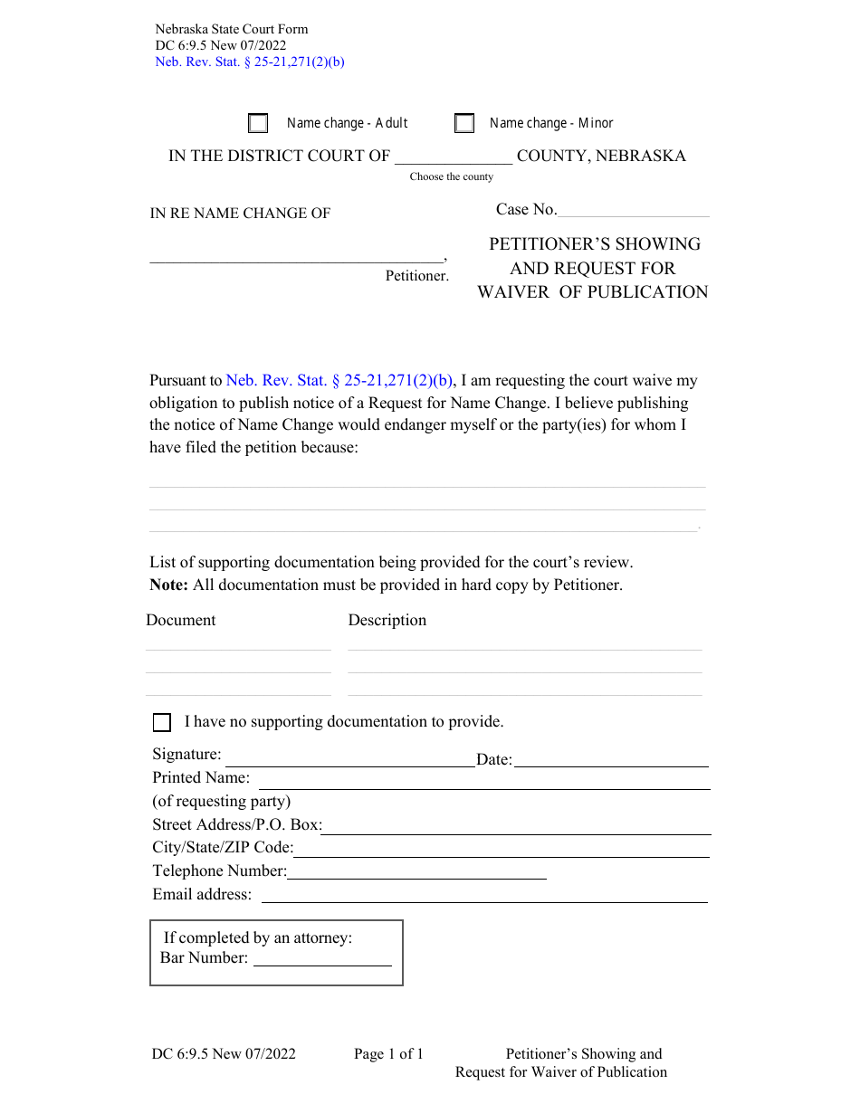 Form DC6:9.5 Petitioners Showing and Request for Waiver of Publication - Nebraska, Page 1