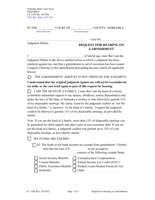 Form CC3:8N Request for Hearing on Garnishment - Nebraska