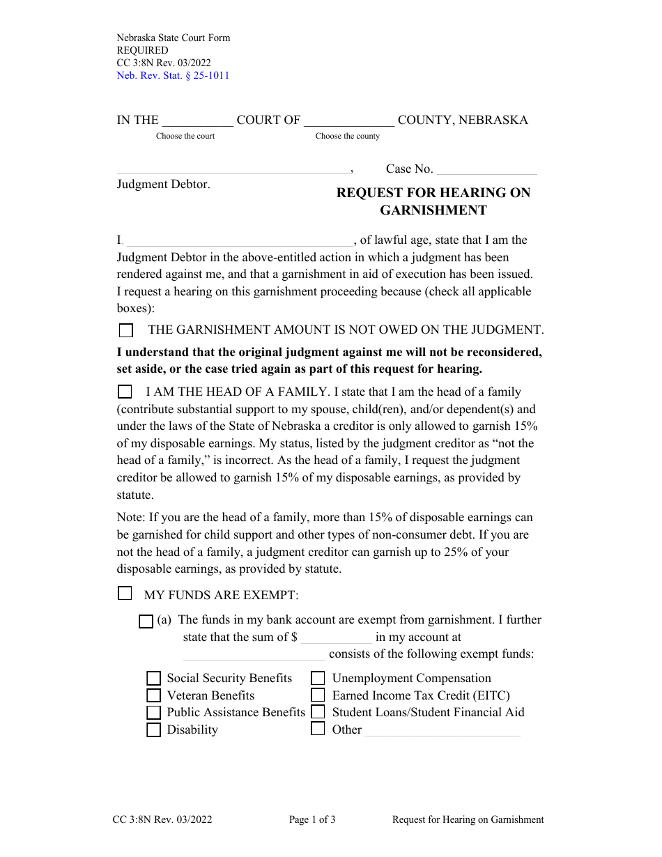 Form CC3:8N Request for Hearing on Garnishment - Nebraska, Page 1